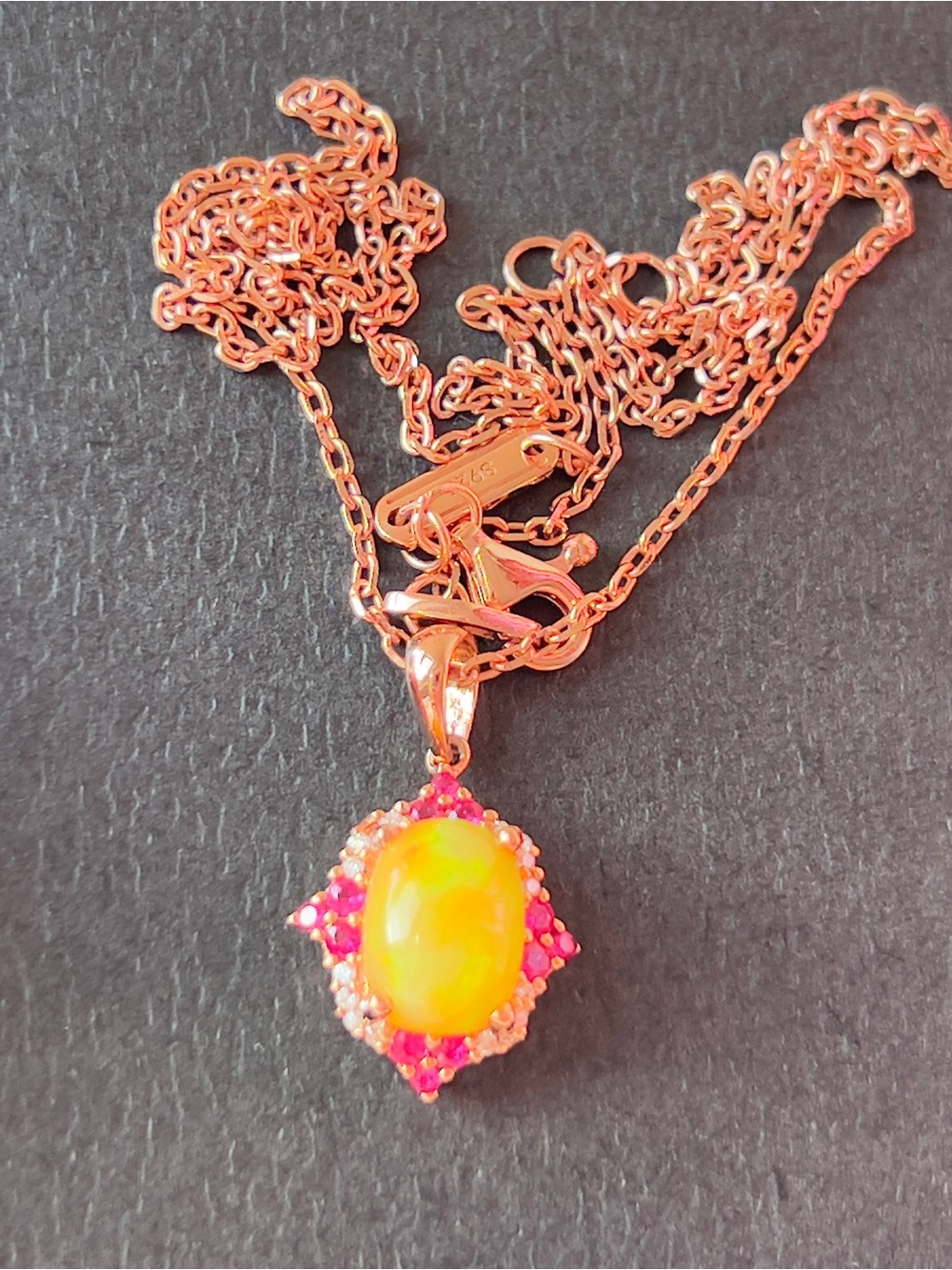 Rose Gold Opal Pendant Necklace with Rubies and Diamond’s in 10k - Picture 12 of 17